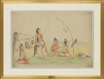 (AMERICAN INDIANS.) Wilson, J.J.; artist. Group of 7 early watercolor interpretations of classic Catlin illustrations.